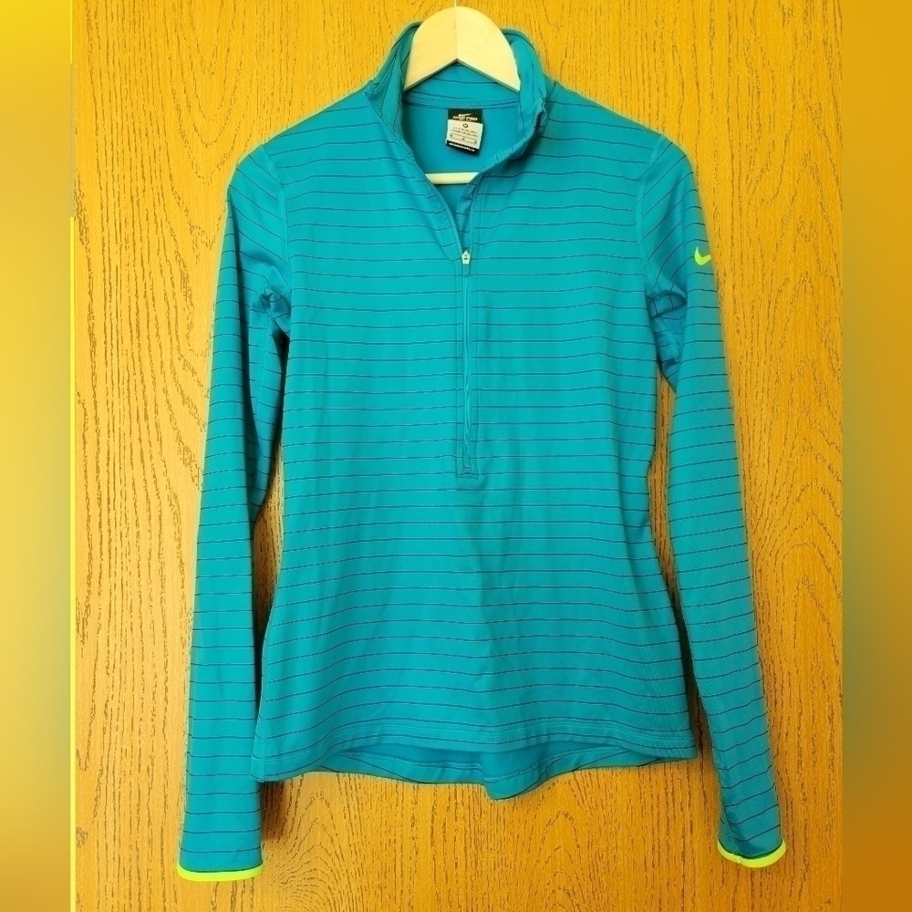 Nike pro Dri-Fit blue striped w/lime green trim 1/2 zip long sleeve pullover M